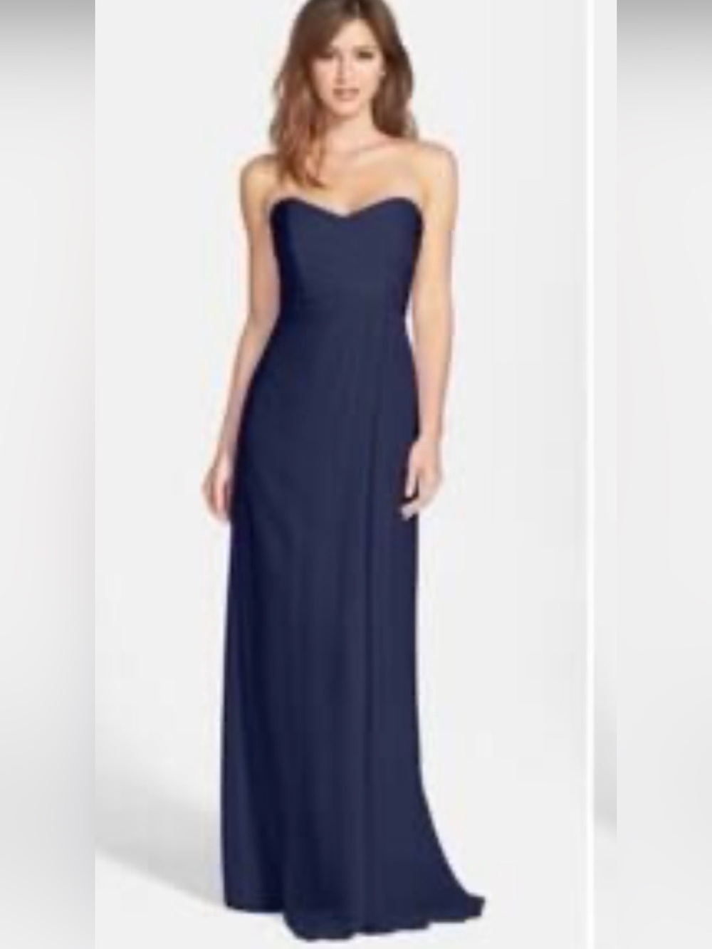 Amsale silk crinkle chiffon column gown. Navy size 2/4. Sweetheart bodice. Nice!